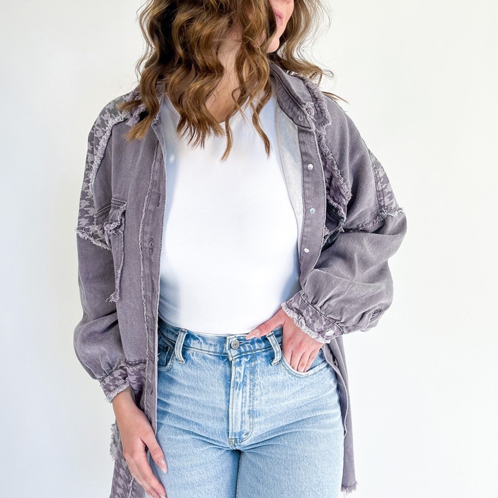 B098 Medium Grey Retro Distressed Houndstooth Patchwork Denim Jacket - Picture 3 of 3
